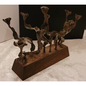 Sculptural Brutalist Menorah, 1970s by Designer Menachem Berman, Bronze and Wood